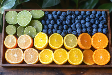 Freshly sliced citrus fruits including oranges, lemons, and limes are artfully arranged with ripe blueberries in a wooden tray. this vibrant composition highlights nature's bounty, perfect for healthy lifestyle advertising. Generative AIの素材