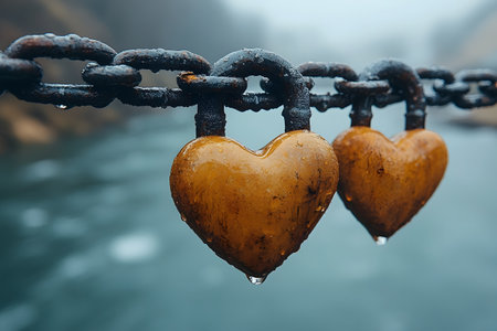 Heart-shaped love locks hang on a chain over a misty river, symbolizing eternal love and commitment. the serene background creates a romantic and peaceful atmosphere, perfect for themes of love, relationship, and unity. Generative AIの素材