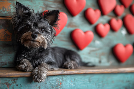 A cute yorkshire terrier lounges on a rustic wooden surface, surrounded by vibrant red heart decorations on a weathered teal background. ideal for valentine's day themes, pet-related designs, or heartwarming content. Generative AIの素材