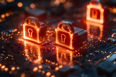 Glowing padlocks on a circuit board symbolize cybersecurity, data protection, and digital defense. the vibrant illumination and technology-focused composition convey themes of security, privacy, and innovation. Generative AIの素材