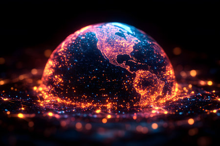 A detailed view of a glowing digital globe showcasing earth illuminated against a dark background. the image highlights technology, global connectivity, and futuristic themes, with a focus on the americas, surrounded by vibrant lights. Generative AIの素材