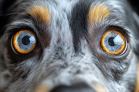 Captivating close-up of a dog's expressive eyes with striking detail, vivid colors and mesmerizing patterns. perfect for pet-themed designs, educational materials, or animal-related content. Generative AIの素材