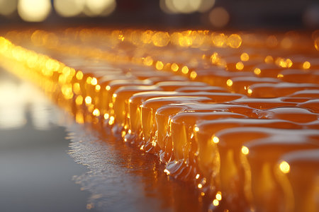 Gleaming rows of amber-colored glass blocks reflect warm sunlight, creating a mesmerizing pattern. the close-up shot highlights the smooth, glossy texture against a blurred, glowing background, evoking warmth and tranquility. Generative AIの素材