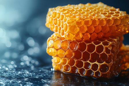 Close-up of a stack of honeycombs with glowing amber cells showcasing the intricate hexagonal structure. the image highlights the natural beauty and geometric perfection of honeycomb, ideal for design or educational purposes. Generative AIの素材
