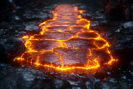 Molten lava flows elegantly over dark volcanic rocks, showcasing the fiery orange and red hues of its surface. the image highlights the raw power and beauty of volcanic activity, perfect for educational and geological content. Generative AIの素材
