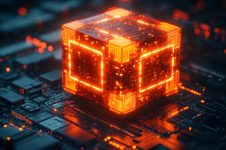 A brightly illuminated, futuristic cube with intricate circuit patterns rests on a dark, detailed high-tech circuit board. the glowing orange light contrasts with the surrounding components, symbolizing innovation and digital technology. Generative AIの素材