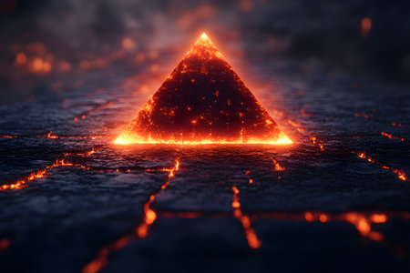 A fiery, glowing pyramid sits on a cracked molten surface, emitting intense heat and light. the abstract composition evokes themes of energy, transformation, and mystical power, suitable for creative design and fantasy illustration. Generative AIの素材