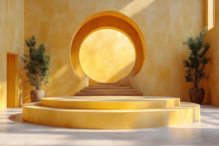 Stylish interior featuring a circular yellow focal point, accented by potted greenery. the minimalist design incorporates natural light and geometric elements, creating a harmonious blend of form and function, perfect for artistic inspiration. Generative AIの素材