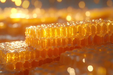 Close-up view of a honeycomb, bathed in warm, golden light that highlights its intricate hexagonal pattern. the honey glistens with soft focus bokeh lighting, capturing the natural beauty and texture of this sweet delicacy. Generative AIの素材