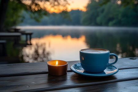 A serene lakeside setting at sunrise, featuring a steaming cup of coffee in a blue cup and saucer. a lit candle adds warmth to the wooden table, enhancing the peaceful ambiance. the calm water and soft morning light evoke a sense of tranquility. Generative AIの素材