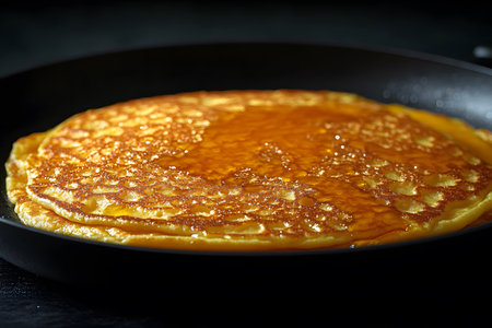 A close-up of a golden pancake cooking in a black skillet, showcasing the perfect golden-brown texture and hints of butter. ideal for themes related to breakfast, cooking, and culinary arts. Generative AIの素材