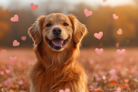 A cheerful golden retriever sits amidst an autumn field filled with orange and pink hues. heart-shaped decorations float around, creating a warm, loving atmosphere ideal for valentine s day or pet-themed designs. Generative AIの素材