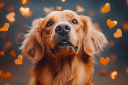 A golden retriever gazes upward, surrounded by floating heart shapes in a warm, romantic setting. this image symbolizes love, companionship, and joy, making it ideal for designs celebrating affection and pet appreciation. Generative AIの素材