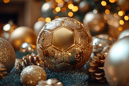 Golden soccer ball ornament beautifully displayed among shimmering pinecones, festive lights, and holiday decorations. the warm bokeh background enhances the luxurious feel, perfect for christmas design and sports-themed festivities. Generative AIの素材