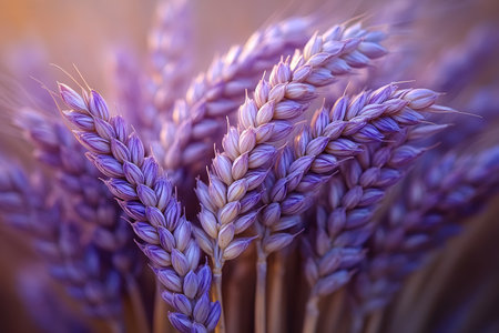Close-up of vibrant purple wheat showcasing intricate details of the grains and stalks. the image highlights color variations and organic textures, ideal for use in agricultural, botanical, or decorative projects. Generative AIの素材