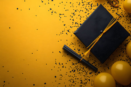 Black graduation cap and diploma placed on a vibrant yellow background, adorned with festive balloons and artistic ink splatters. ideal for education-themed designs or celebratory event promotions. Generative AIの素材