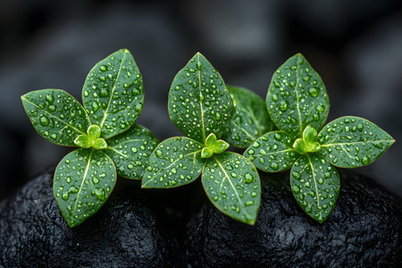 Three vibrant green leaves adorned with glistening dew drops rest on smooth, dark stones. the contrast highlights the freshness and tranquility of nature, symbolizing renewal and serenity in a simple, elegant form. Generative AIの素材