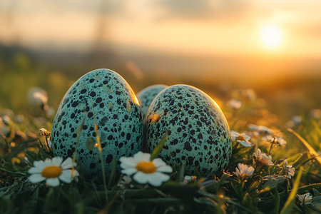 Three speckled eggs rest amidst grass and daisies as the sun sets in the background. this serene nature scene evokes themes of spring, easter, and new beginnings, perfect for seasonal posters and nature-themed designs. Generative AIの素材