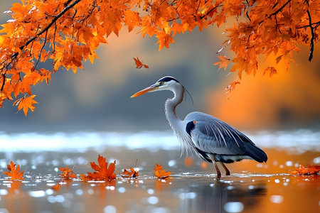 Heron standing gracefully in a serene body of water, surrounded by vivid orange autumn leaves. the gentle ripples and reflections enhance the peacefulness, capturing the essence of nature's seasonal beauty. Generative AIの素材