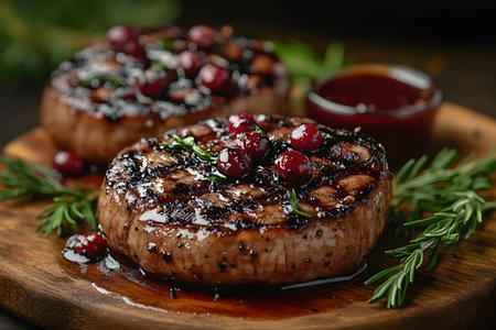 Succulent grilled steak garnished with vibrant cranberries and sprigs of fresh rosemary, set on a rustic wooden serving board. a small dish of rich sauce accompanies, enhancing the gourmet presentation, perfect for holiday dining inspiration. Generative AIの素材