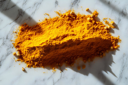 Turmeric powder, vibrant and golden, spread across a white marble surface. the bright color and fine texture highlight its culinary and medicinal properties. sunlight casts soft shadows, adding contrast and depth. Generative AIの素材
