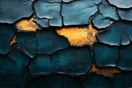 Abstract art showcasing cracked paint on a textured surface with contrasting colors of rich blue and vibrant gold. the intricate pattern and vivid hues create a dynamic visual, perfect for modern decor or artistic projects. Generative AIの素材