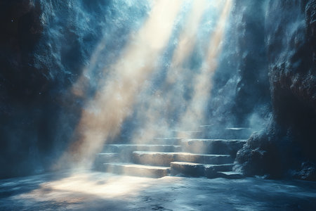 Sunlight streams into an ancient cave, illuminating stone steps with a mystical glow. the atmosphere is serene and ethereal, the interplay of light and shadow in this tranquil underground setting. Generative AIの素材