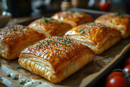 Golden, flaky puff pastry squares adorned with colorful herbs and seeds. perfect for gourmet culinary presentations, these pastries embody a blend of textures and flavors, ideal for food photography, menus, and recipe books. Generative AIの素材