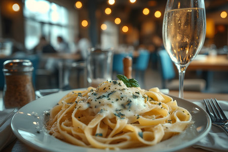 Fettuccine alfredo garnished with herbs sits on a white plate, accompanied by a glass of sparkling wine. the warm, ambient lighting suggests a cozy dining experience, ideal for a romantic or celebratory occasion. Generative AIの素材