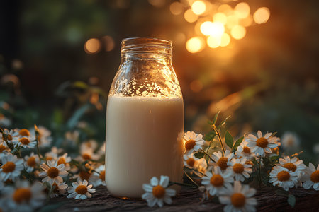 A glass jar filled with creamy milk sits on a wooden surface surrounded by blooming daisies. the warm glow of the golden hour sunlight creates a serene and rustic ambiance, ideal for nature-inspired designs and storytelling. Generative AIの素材