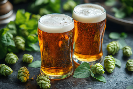 Two frothy pints of golden craft beer sit on a rustic dark surface surrounded by fresh hops and green leaves, evoking the essence of oktoberfest. the vibrant hues and natural elements emphasize artisanal brewing. Generative AIの素材