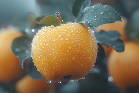 A close-up of a fresh apple adorned with dew drops, set against a backdrop of mist and foliage. the vibrant orange hue of the apple contrasts beautifully with the green leaves, creating an evocative image of nature's freshness. Generative AIの素材