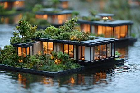 Modern floating homes feature lush rooftop gardens, situated in a serene waterscape. warm interior lights create a cozy ambiance, blending contemporary architecture with nature, offering a sustainable and peaceful living concept. Generative AIの素材