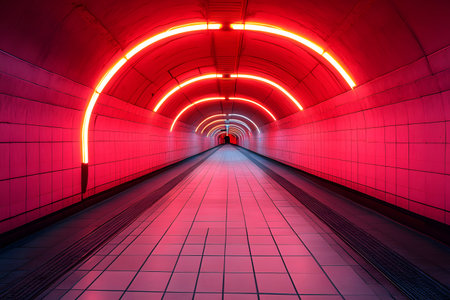 Futuristic tunnel featuring red neon lights forming arcs, creating a striking and symmetrical visual effect. the vibrant lighting reflects off smooth, tiled surfaces, offering a sense of depth and modernity, ideal for design inspirations. Generative AIの素材
