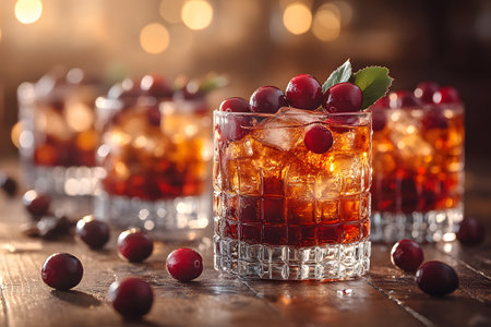 Four elegant glasses filled with a refreshing cranberry cocktail, garnished with fresh cranberries and ice cubes. the ambient lighting enhances the festive and inviting atmosphere, making it perfect for holiday gatherings. Generative AIの素材