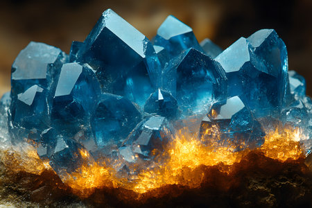 Stunning blue crystal formation with sharp, faceted shapes set against a glowing, orange base, the natural beauty and allure of geological structures. perfect for educational and decorative uses. Generative AIの素材