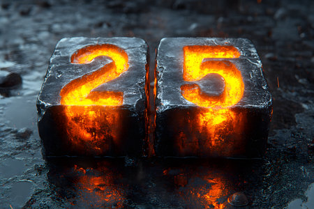Two metallic blocks with molten, glowing numbers 2 and 5 in an industrial setting. the contrast between the dark, rugged texture and the vibrant, fiery glow creates a striking visual effect, ideal for futuristic designs or numerical themes. Generative AIの素材