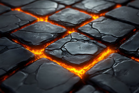 Cracked dark stone tiles with glowing lava underneath, creating a dynamic tension between cool, rugged surfaces and intense, fiery heat. ideal for designs needing a natural yet powerful visual impact. Generative AIの素材