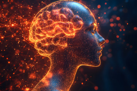 A digital illustration showcasing a glowing human brain within a transparent head, neural networks and connections. the artwork represents advanced concepts in artificial intelligence, technology, and neuroscience. Generative AIの素材