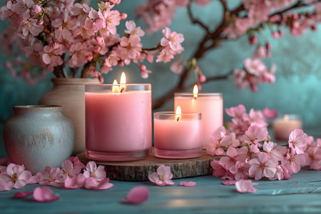 Pink candles flicker warmly against a backdrop of blooming cherry blossoms, creating a tranquil atmosphere. ideal for spa decor, relaxation themes, or springtime interior designs, this setting evokes peace and serenity. Generative AIの素材