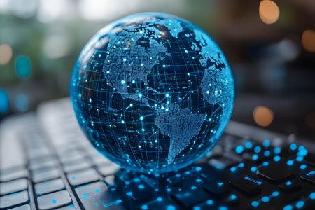 A translucent blue globe depicting a digital network sits on a computer keyboard, symbolizing global connectivity and technological advancement. the pixelated world map highlights modern communication and data exchange. Generative AIの素材