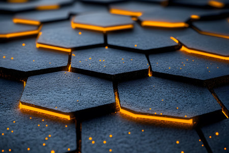 A striking hexagonal pattern with glowing orange accents, creating a futuristic and tech-inspired design. the dark textured surface and vibrant lighting offer depth and intrigue, ideal for contemporary design projects. Generative AIの素材