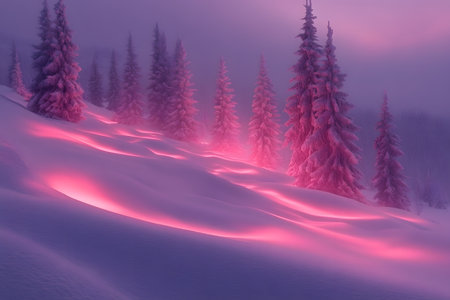 Enchanting winter scene featuring a forest draped in snow, awash in vibrant pink hues from a stunning sunrise. ideal for holiday cards or nature-themed posters, capturing the serene beauty of a winter morning. Generative AIの素材