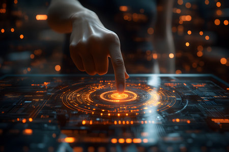 A human finger interacts with a glowing virtual touchscreen, featuring intricate digital elements and orange holographic designs. the scene embodies advanced technology concepts and futuristic interface innovation. Generative AIの素材