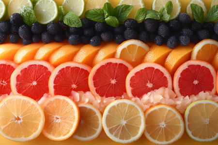 Fresh and vibrant display of sliced citrus fruits and dark berries, arranged in a colorful, horizontal pattern. the bright colors of lime, orange, and grapefruit contrast with deep blueberries, enriched by fresh green mint leaves. Generative AIの素材