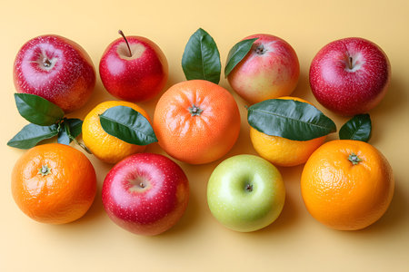 A colorful assortment of citrus fruits and apples arranged on a vibrant yellow background. the fresh produce is highlighted by lush green leaves, emphasizing themes of healthy eating, freshness, and natural nutrition. Generative AIの素材