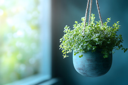 Lush green plant in a rustic blue hanging pot placed indoors, bathed in soft natural light. perfect for adding a touch of tranquility and nature to interior spaces, eco-friendly decor elements. Generative AIの素材