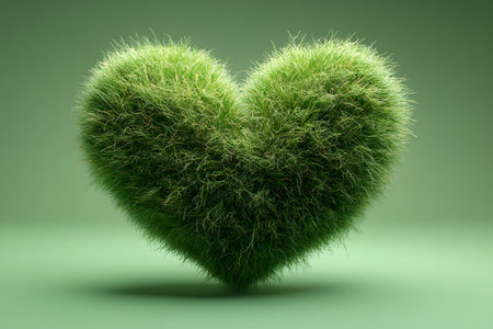 A heart-shaped form made of lush green grass set against a soft green background, representing love, nature, and sustainability. perfect for eco-friendly design and environmental themes in print or digital media. Generative AIの素材