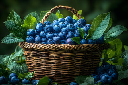 A wicker basket brimming with ripe, vibrant blueberries surrounded by lush green leaves. this composition emphasizes freshness and natural abundance, perfect for themes related to organic produce, healthy eating, or summer harvests. Generative AIの素材
