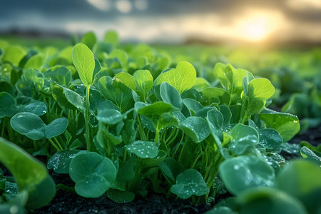 Dew-kissed green sprouts thrive in the rich soil, illuminated by the warm dawn sunlight. vibrancy of early growth stages in a lush field, symbolizing renewal and agricultural promise. Generative AIの素材